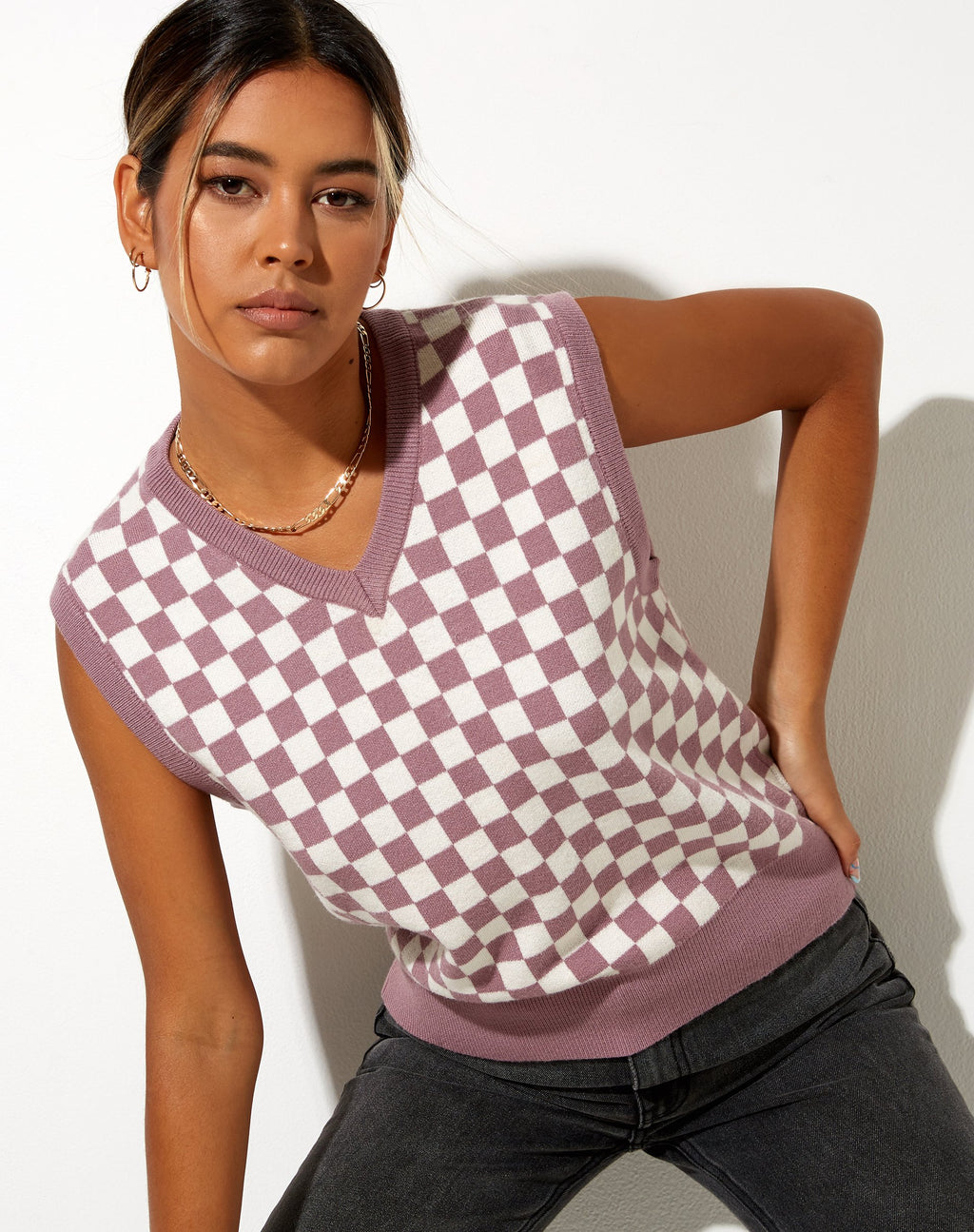 Gilet Joker in maglia Check Lilla Crema