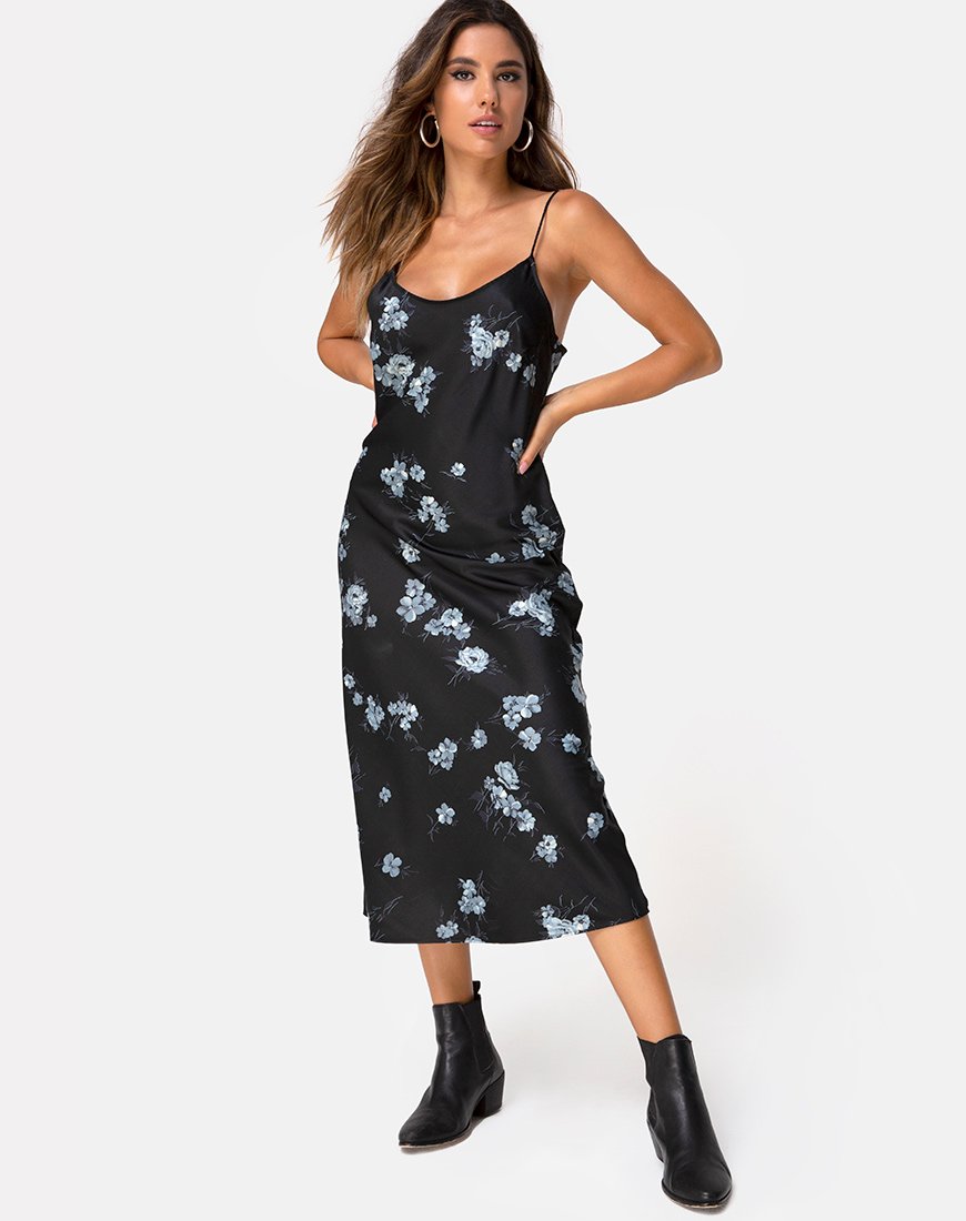 Maxi abito Julia in raso nero monofiore