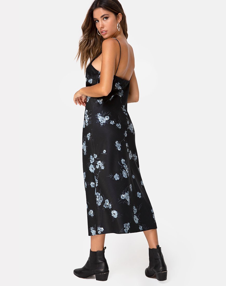 Maxi abito Julia in raso nero monofiore