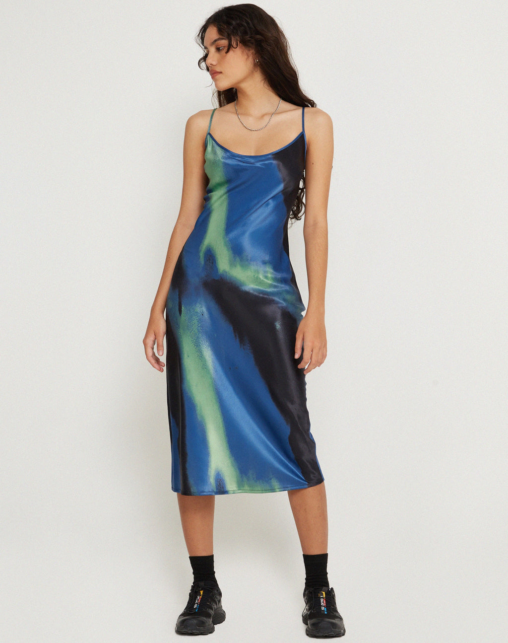 Juvina - Vestito midi in raso acquerello navy