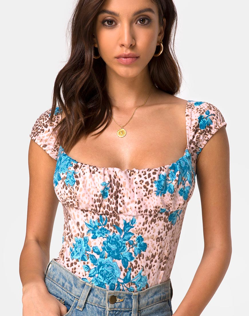 Corpetto Kalina in Jungle Flower blu e crema