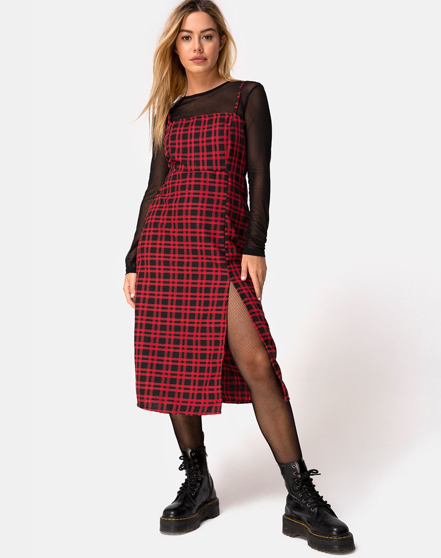 Kaoya - Vestito midi a quadri rosso e nero