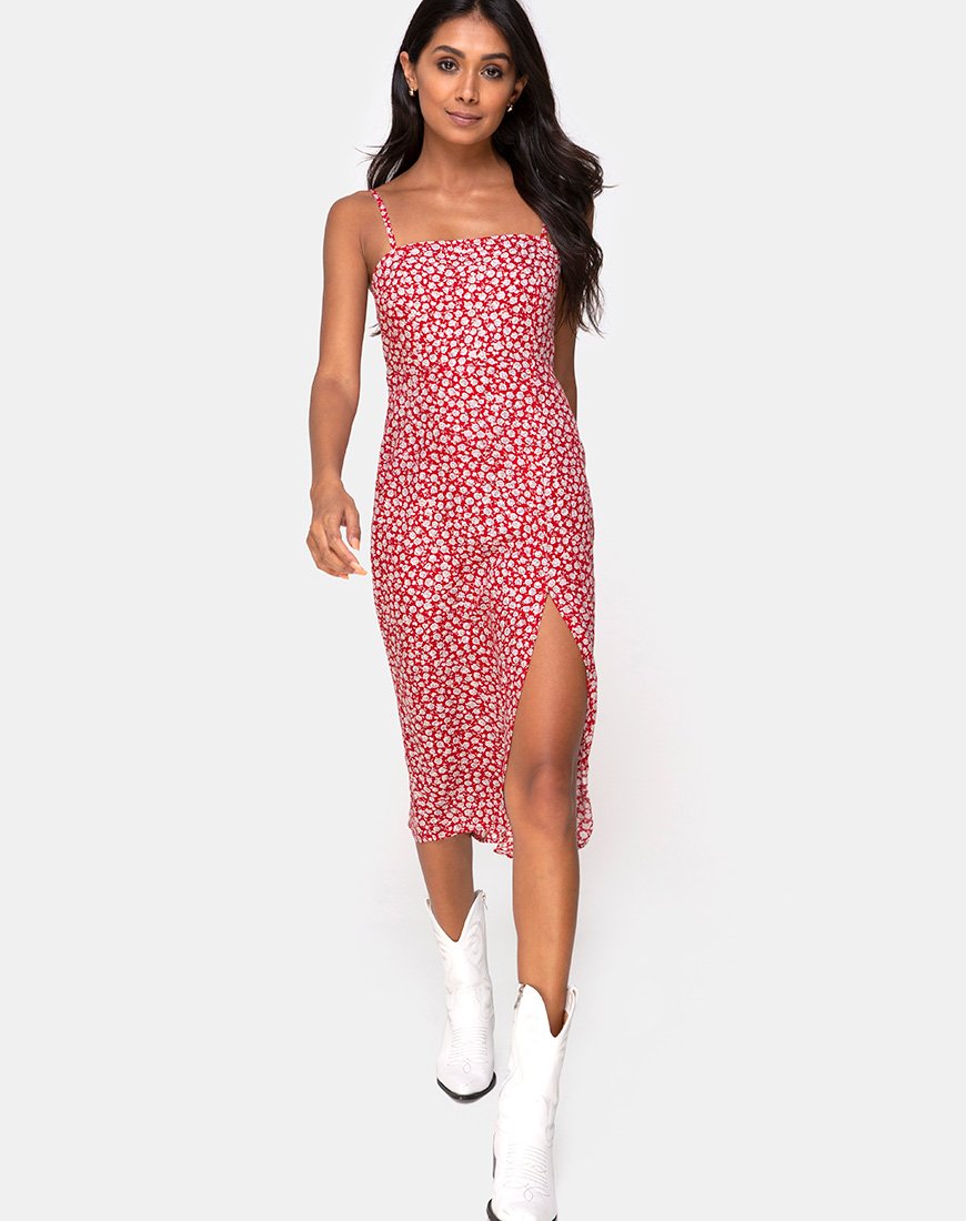 Kaoya - Vestito midi in rosso rosa ditsy