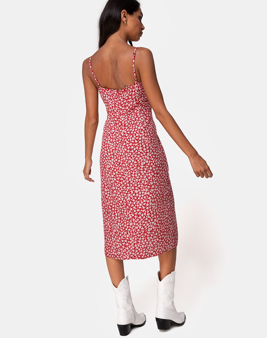 Kaoya - Vestito midi in rosso rosa ditsy
