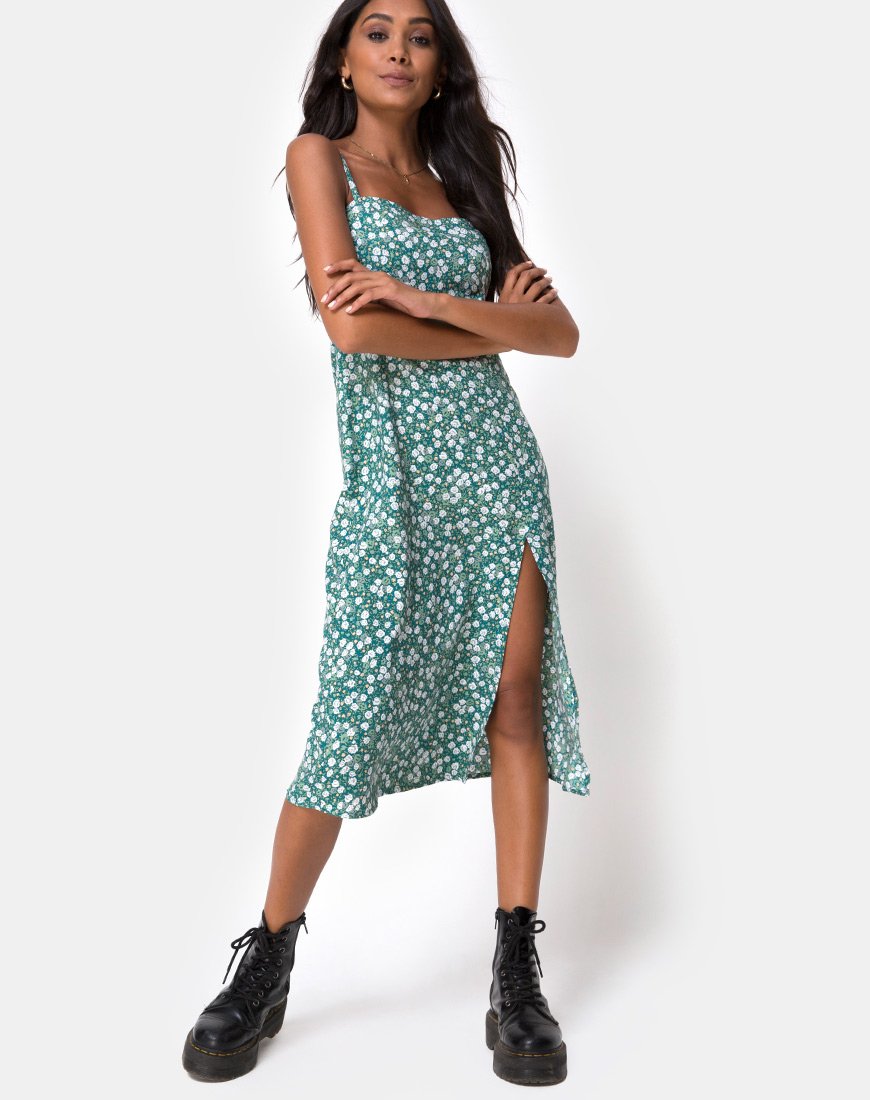 Kaoya - Vestito midi in verde campo floreale