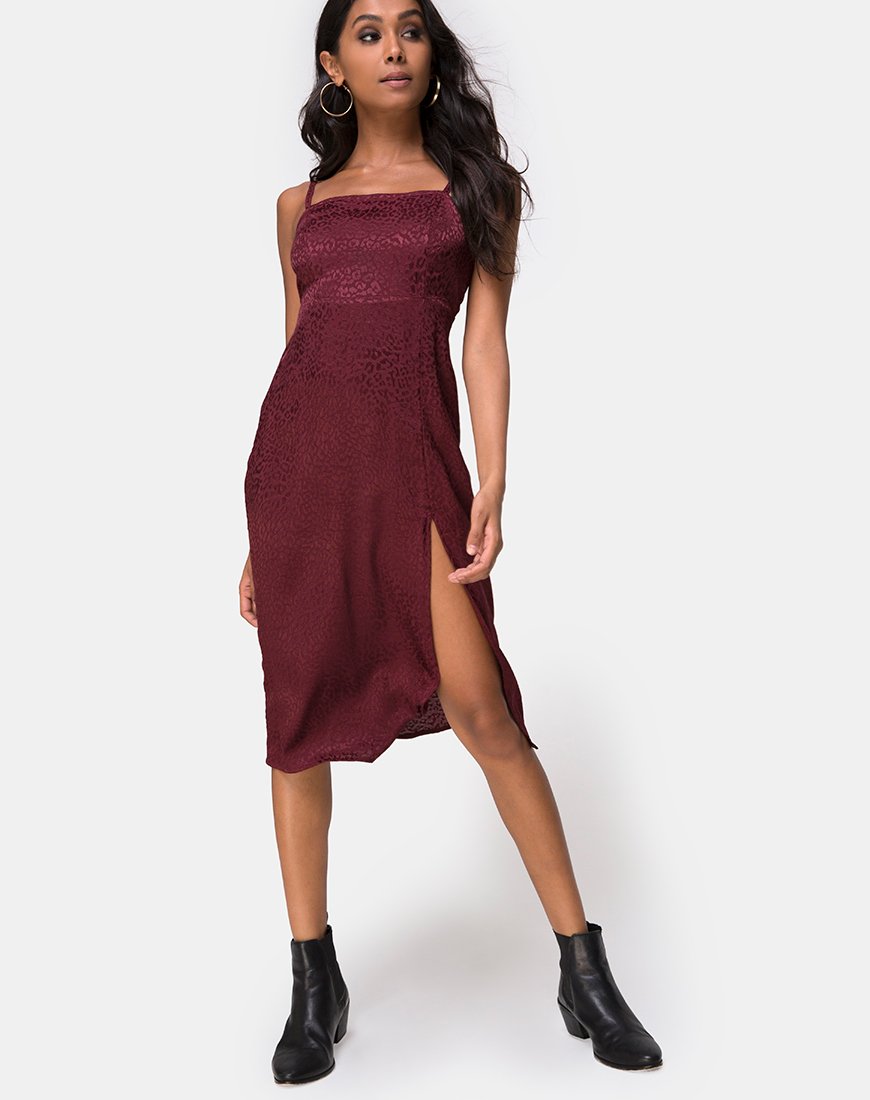 Kaoya - Vestito midi in raso ghepardato bordeaux