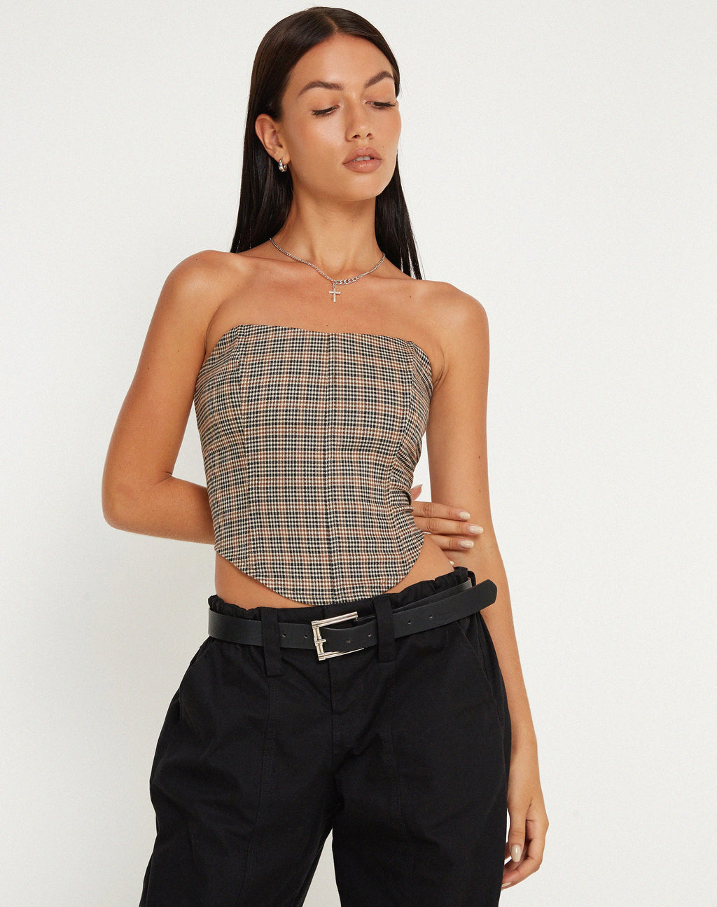 Top corsetto Kayashi in micro check marrone
