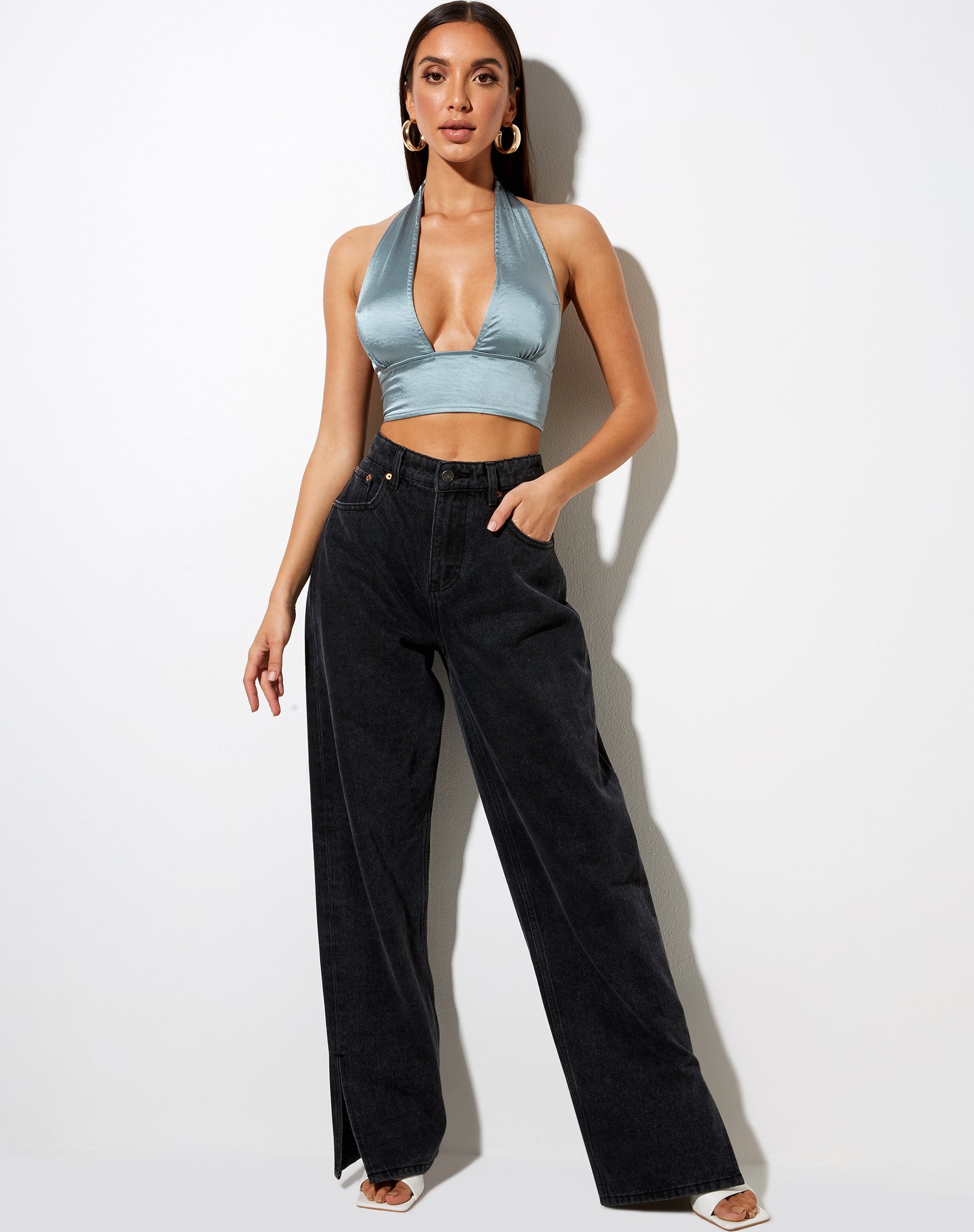 Immagine di Keiza Crop Top in raso blu argento