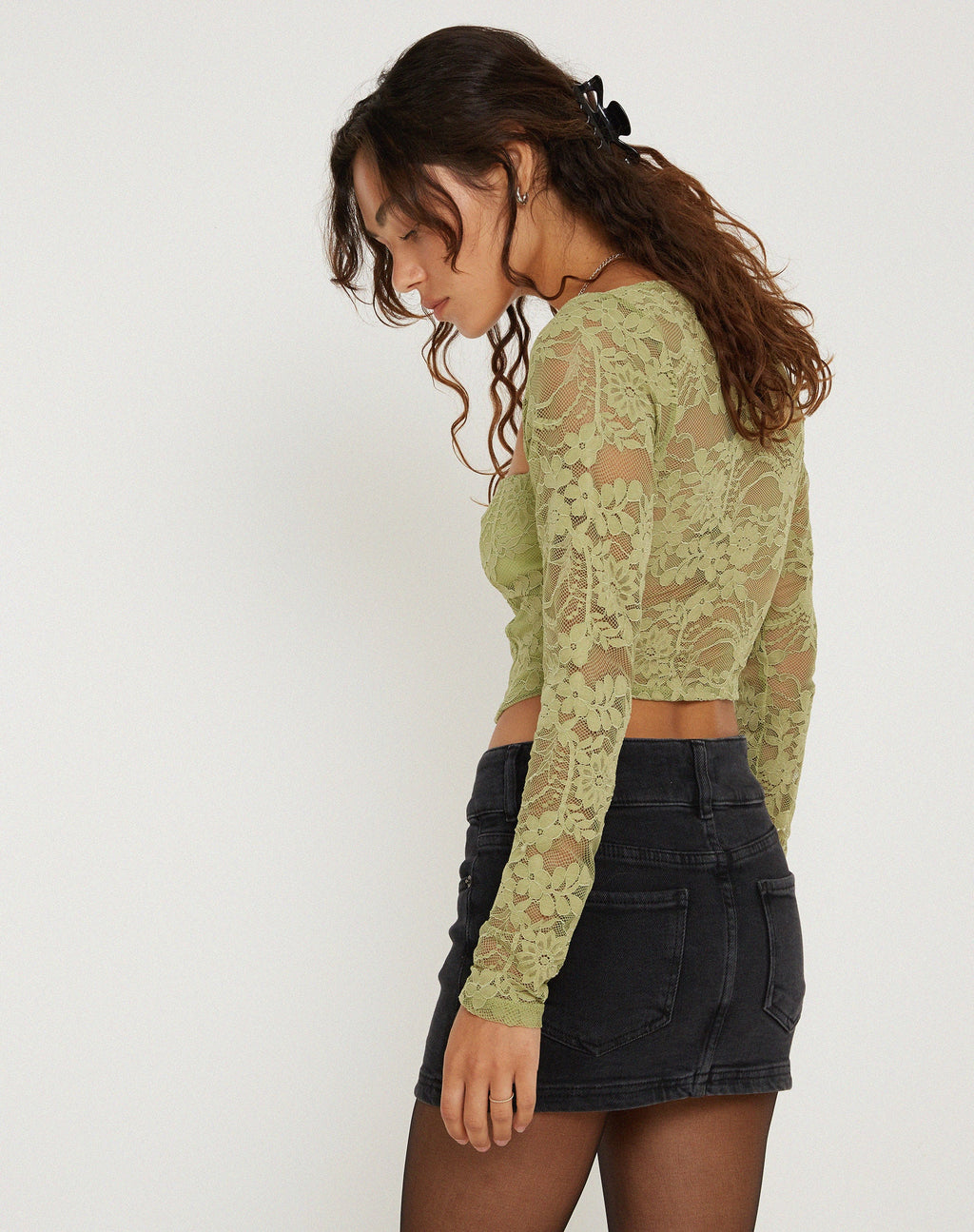 Khafila - Top corsetto a maniche lunghe in pizzo verde