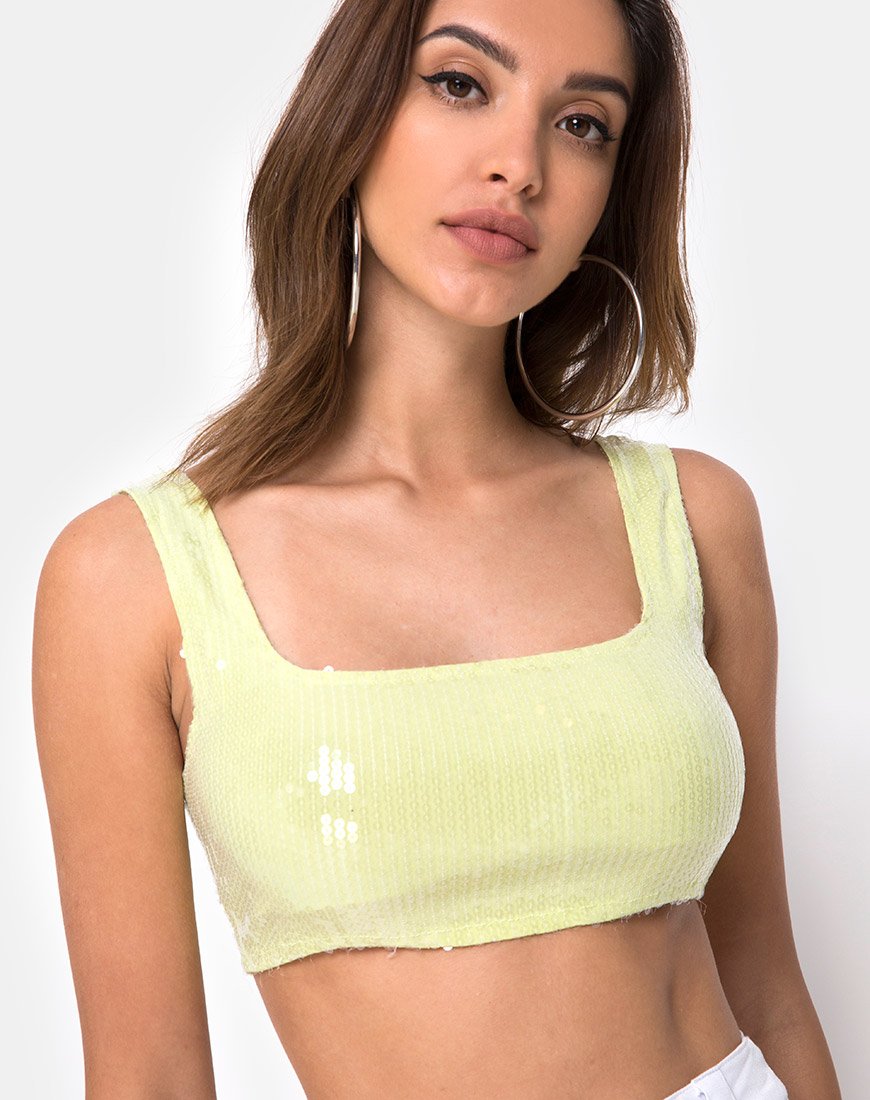 Kim Crop Top in pistacchio con paillettes trasparenti