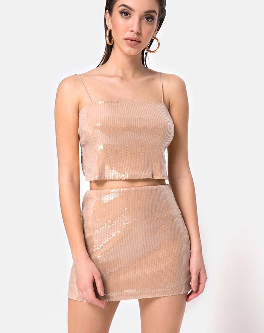 Immagine di Champo Crop Top in cammello con paillettes chiare