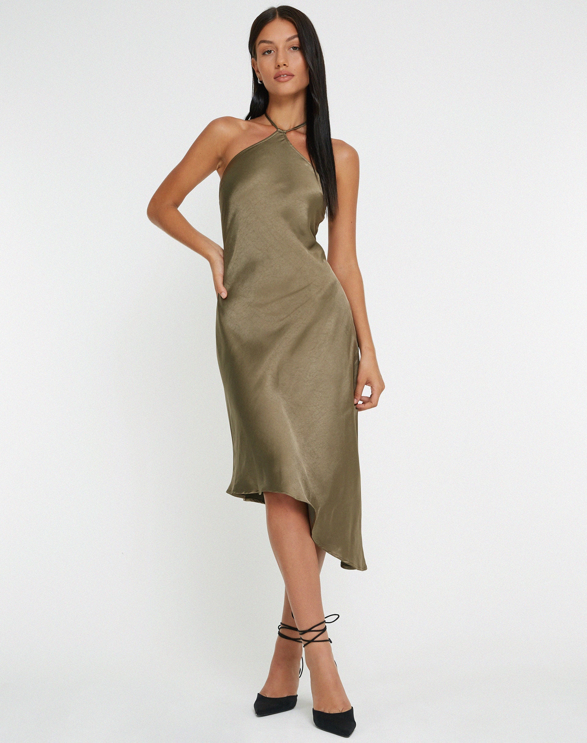 immagine di Kimora Midi Dress in raso oliva scuro