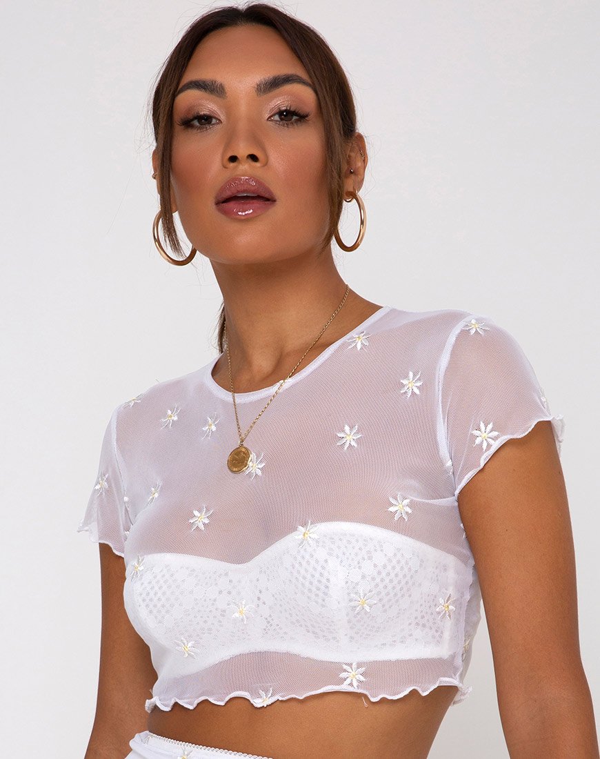 Top Tince in bianco con ricamo a margherita bianco