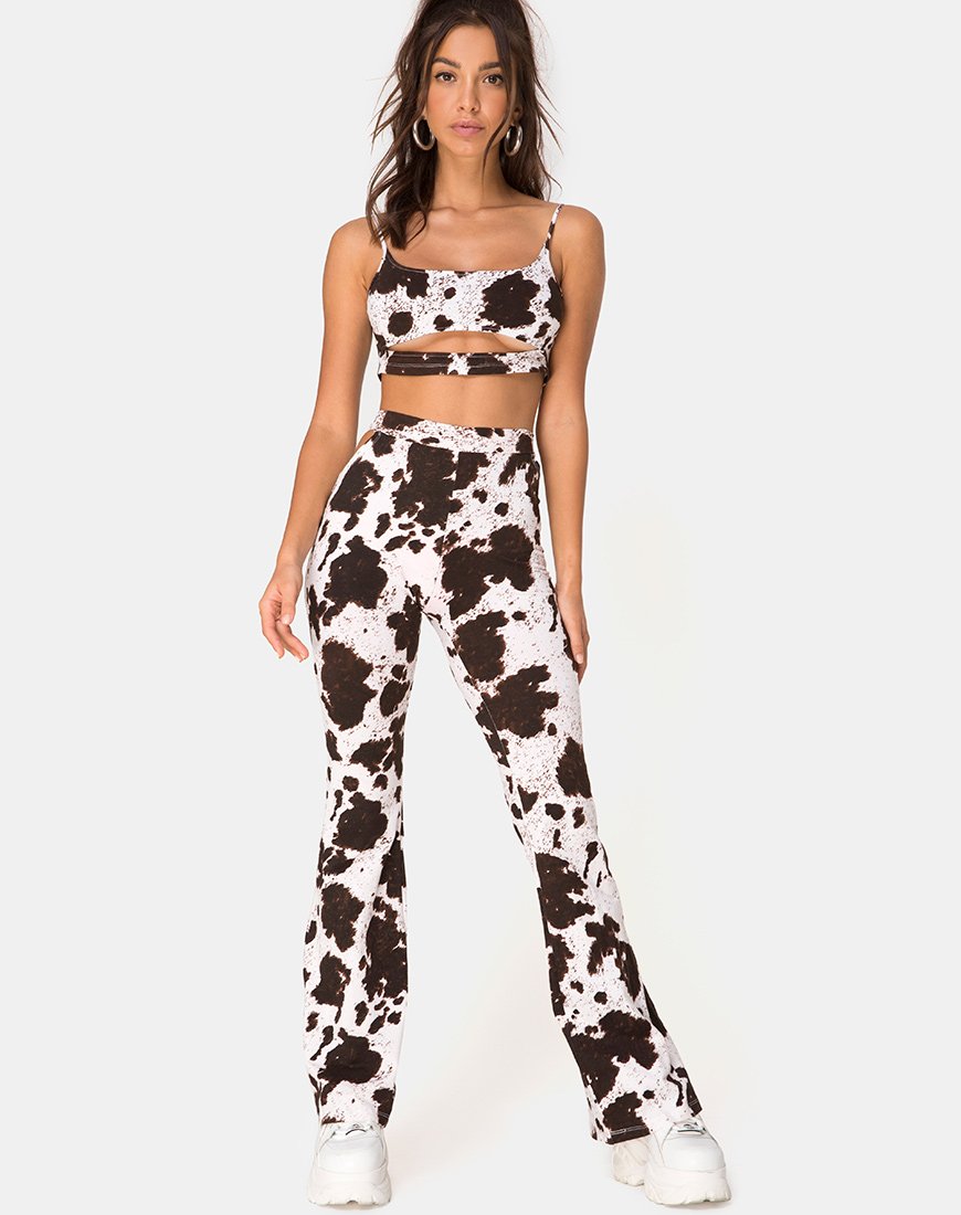 Pantaloni Kiva in pelle di mucca marrone e bianca