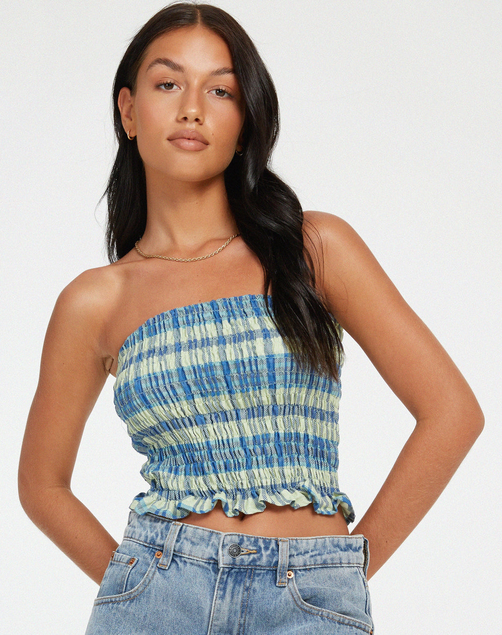 Top a fascia Kiyo in Colourpop Check verde e blu