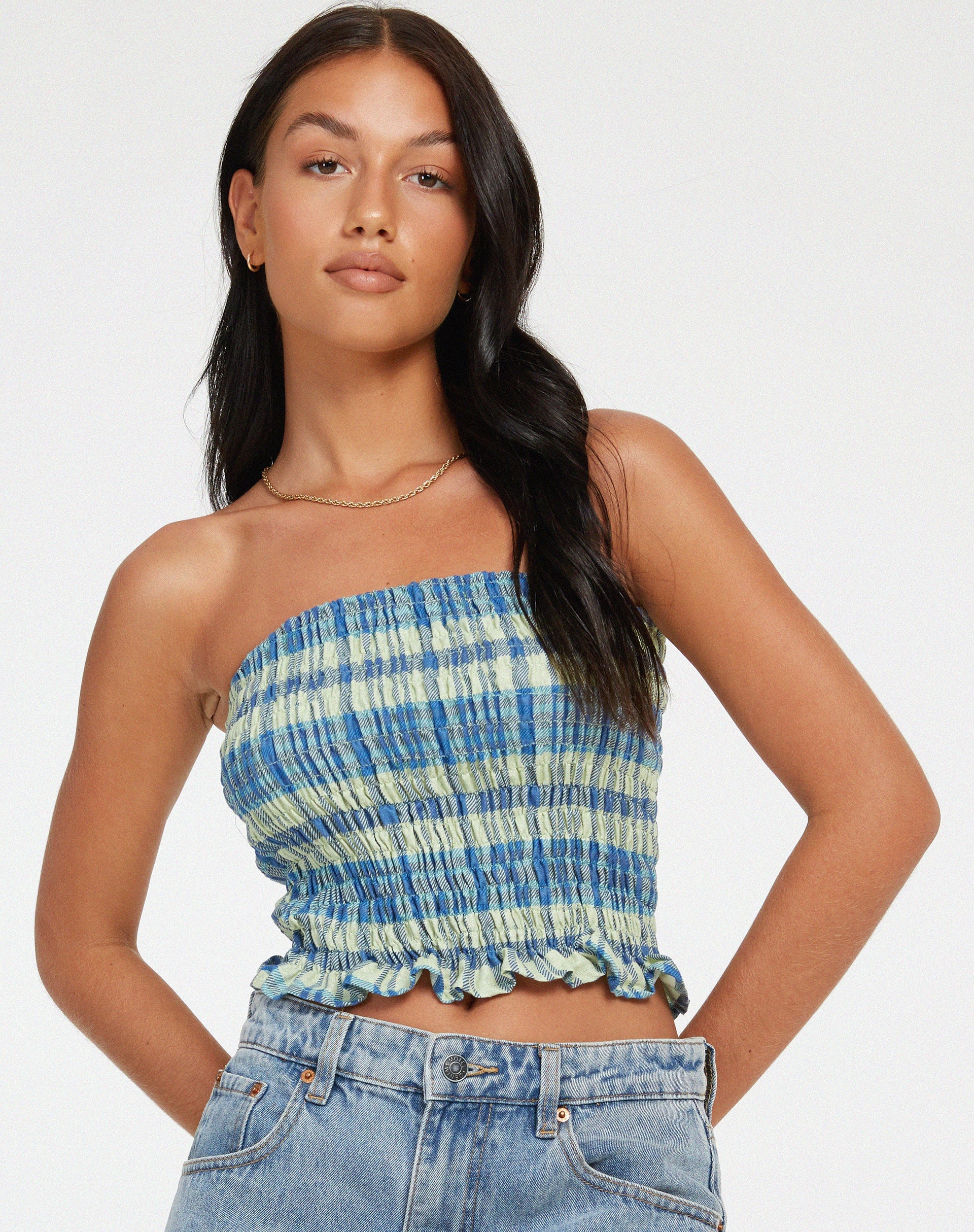Immagine del top a fascia Kiyo in Colourpop Check Verde e Blu