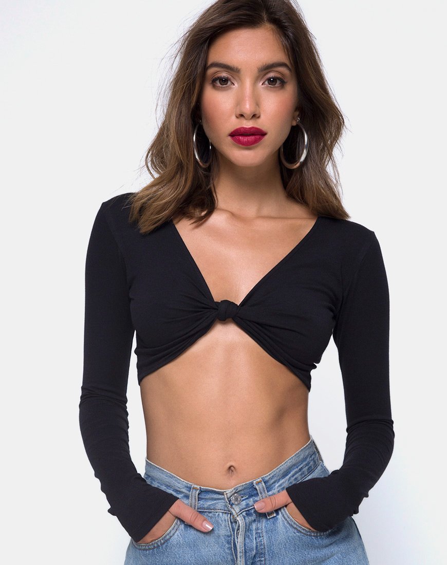 Crop Top a maniche lunghe Knotie in nero