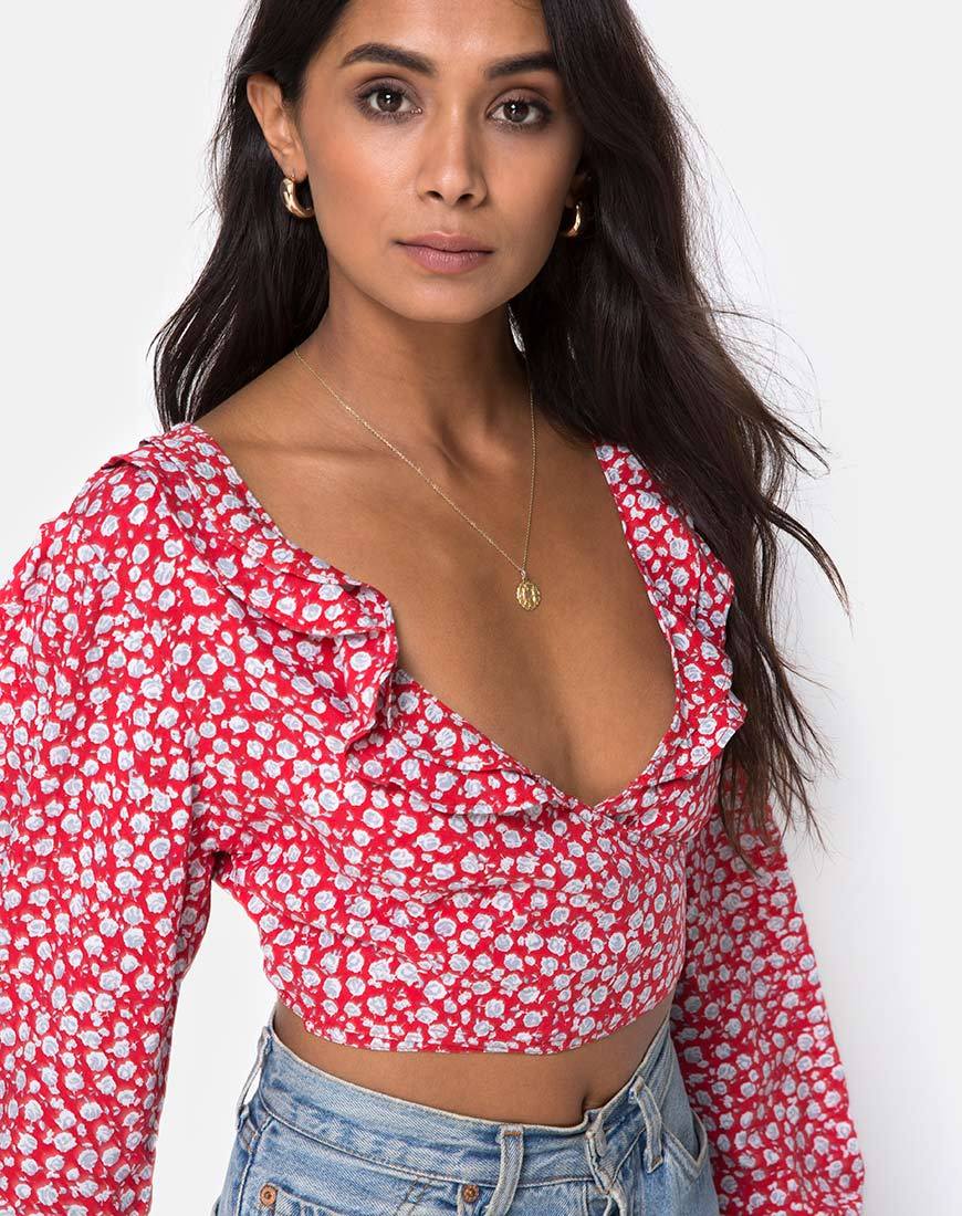 Koniva Crop Top in rosso rosa ditsy e argento