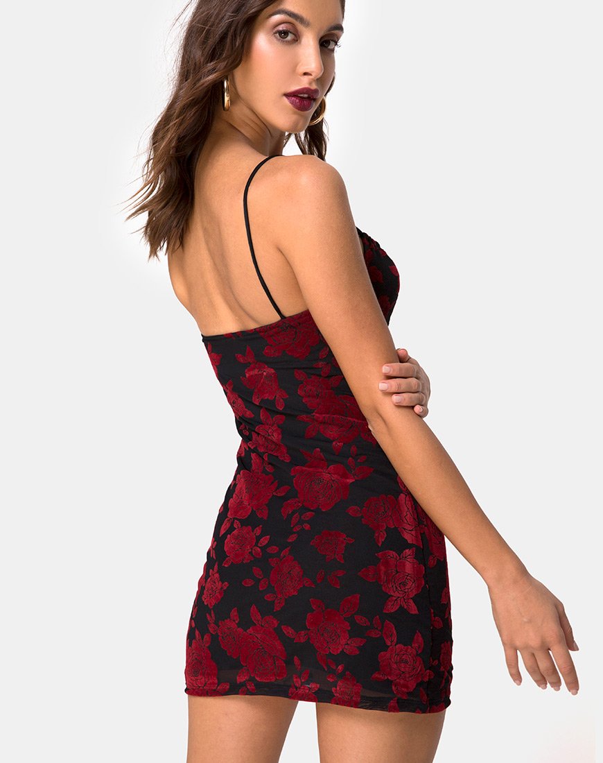 Abito Kumin Bodycon in romantico floccato di rose rosse
