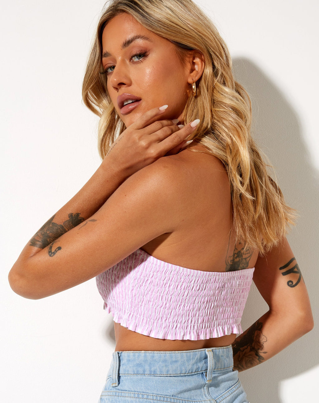 Top a fascia Kupkee a righe verticali rosa e bianche