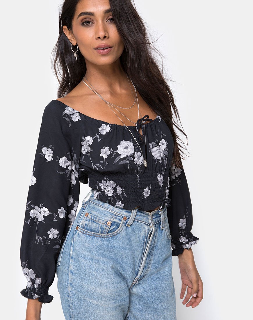 Lancer Crop Top in Mono Flower Nero