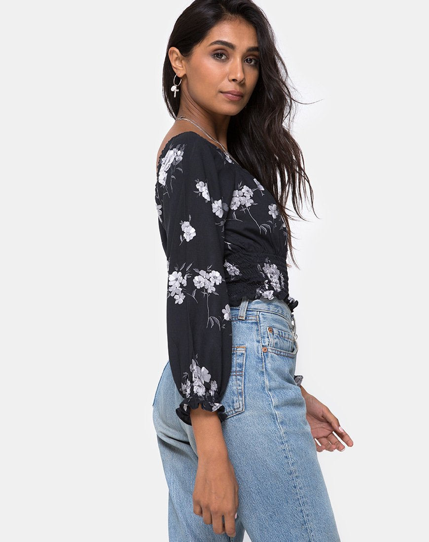 Lancer Crop Top in Mono Flower Nero