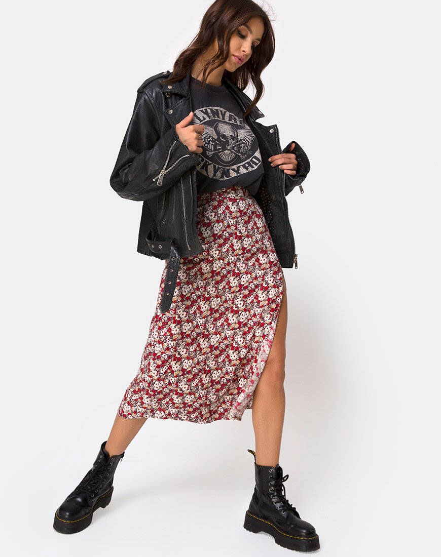 Saika - Gonna midi in rosso con fascino floreale