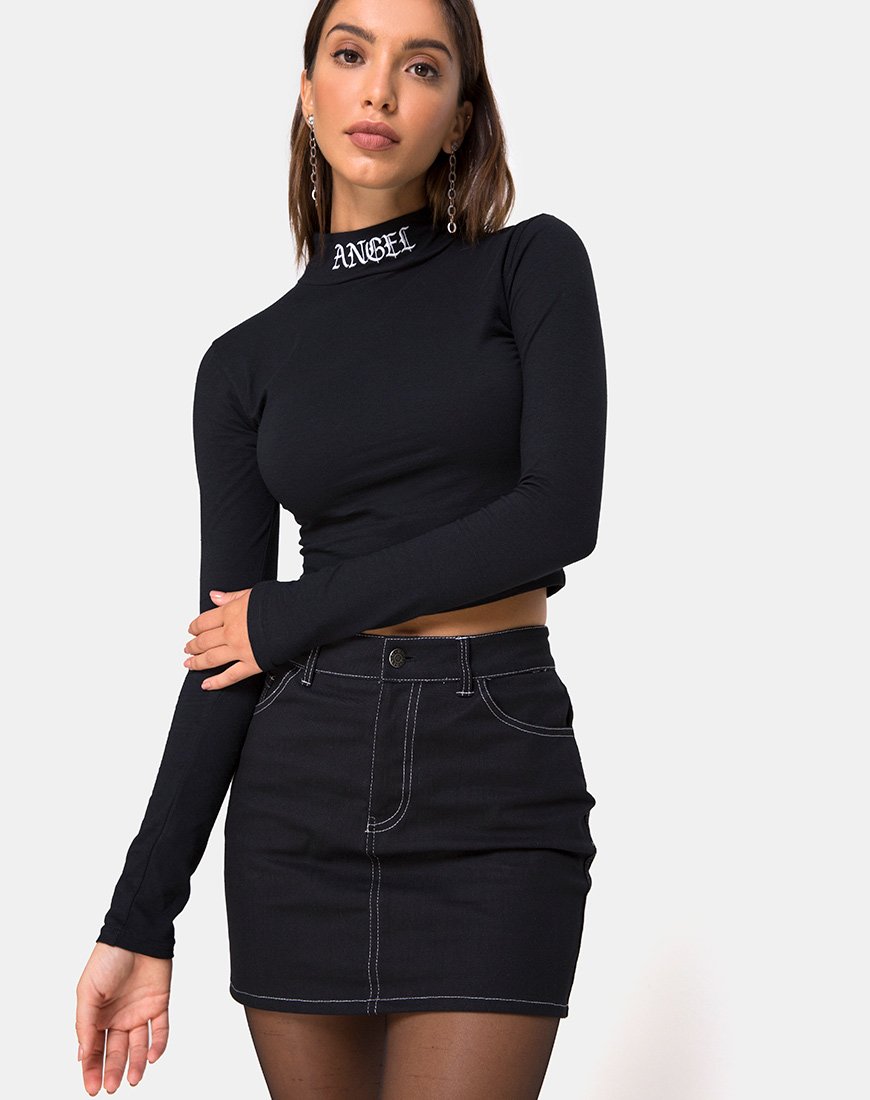 Lara Crop in nero con ricamo angelo