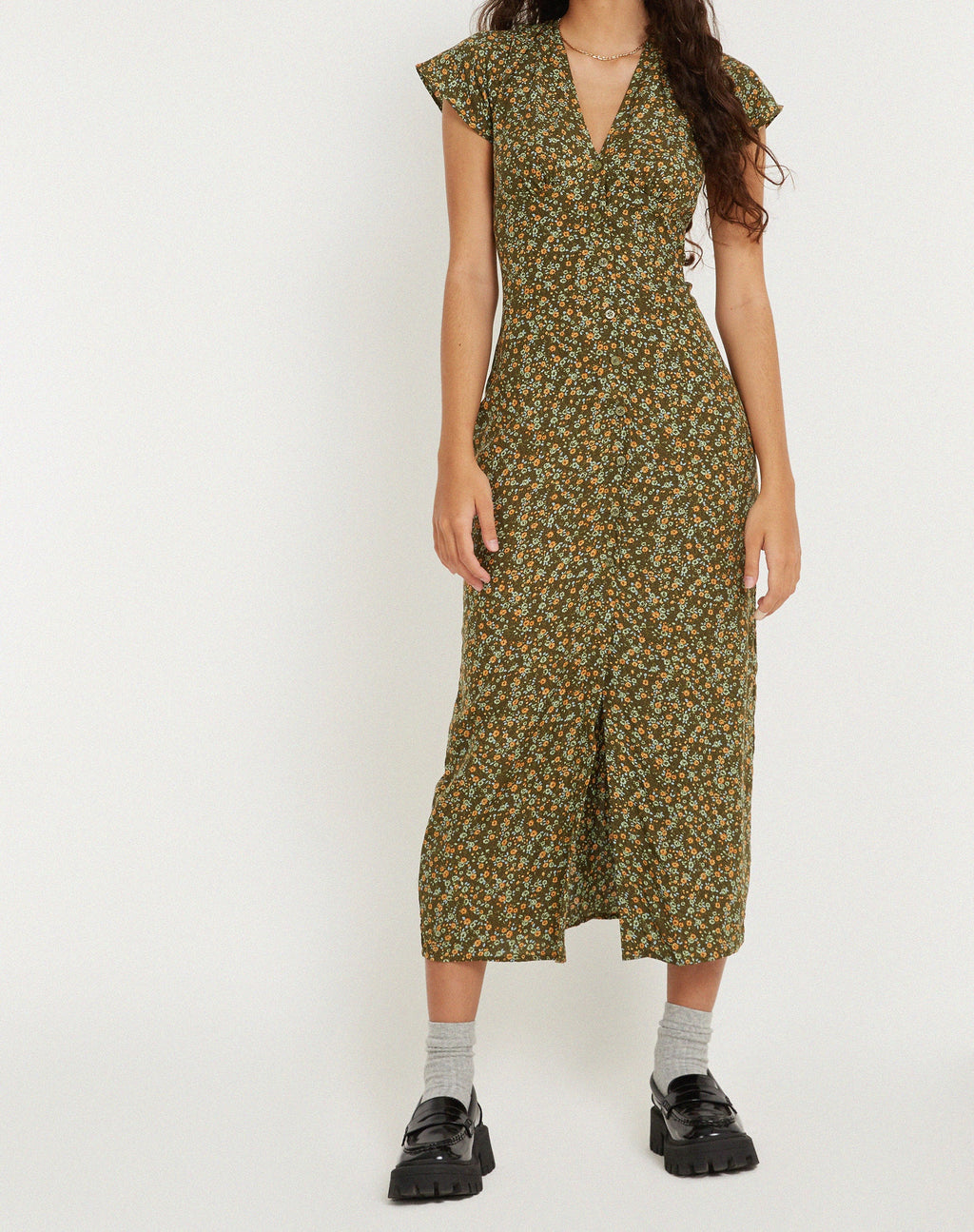 Larin - Vestito midi in kaki floreale grunge