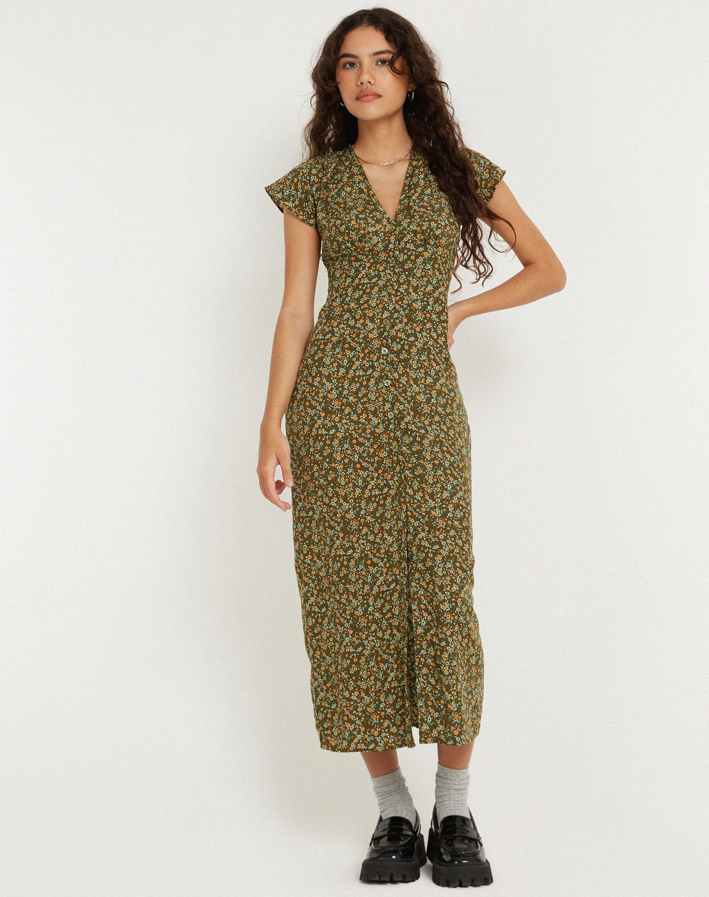Larin - Vestito midi in kaki floreale grunge