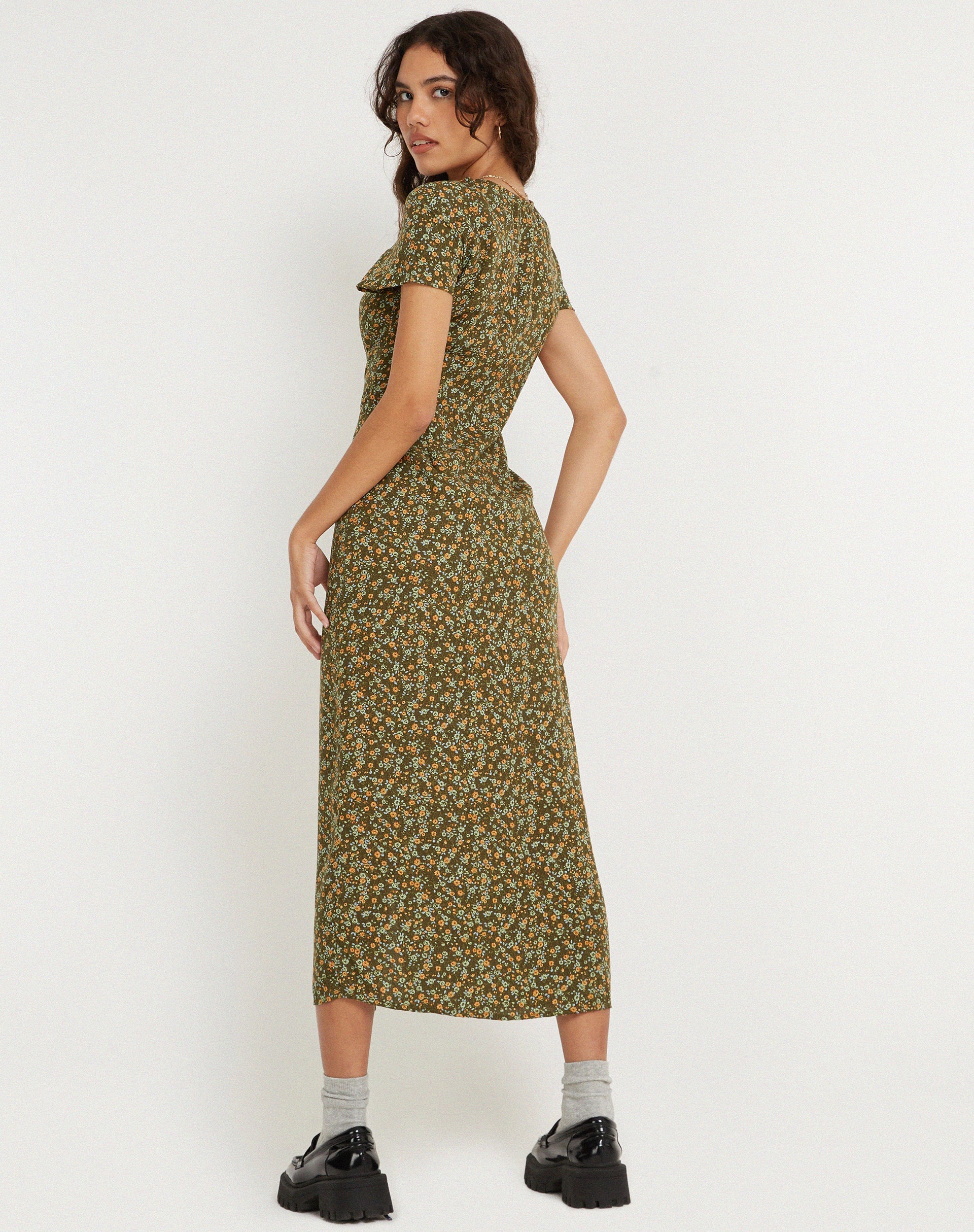 immagine di Larin Midi Dress in stile grunge floreale Khaki