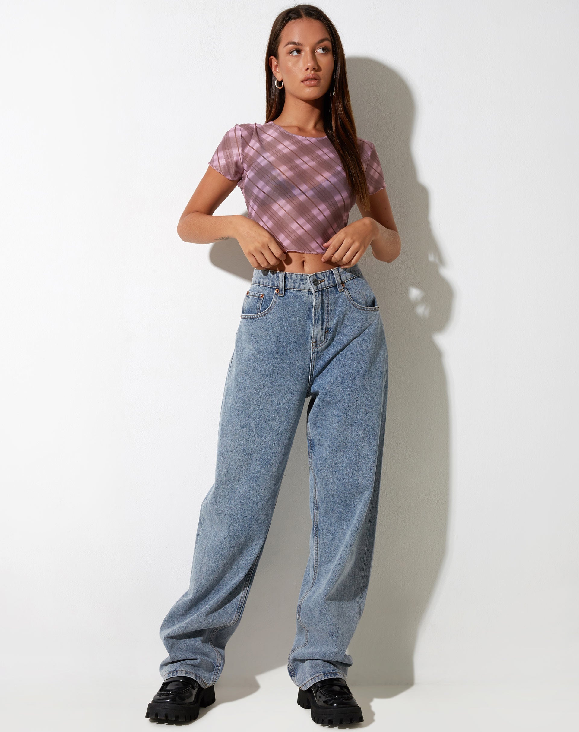 immagine di Tiney Crop Top in check sfocato rosa