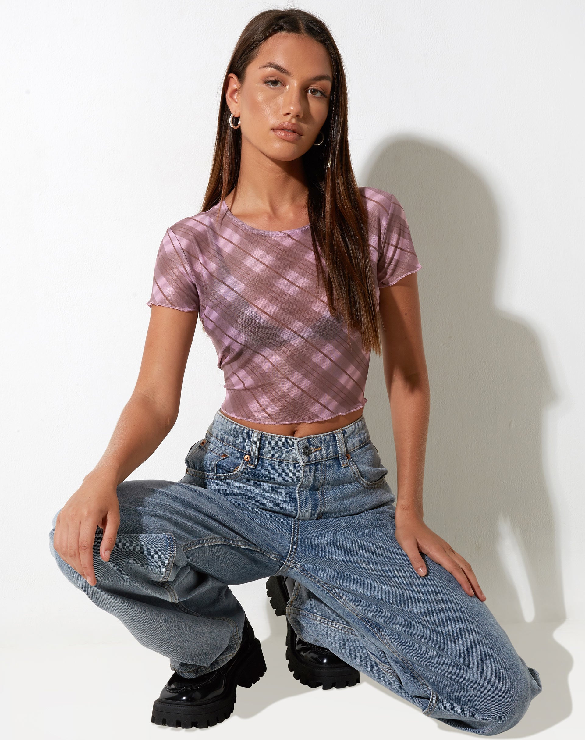 immagine di Tiney Crop Top in check sfocato rosa