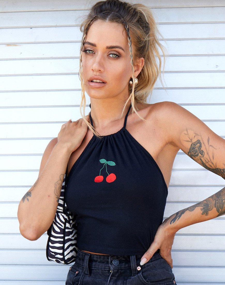 Crop Top Lean con ricamo ciliegia nera