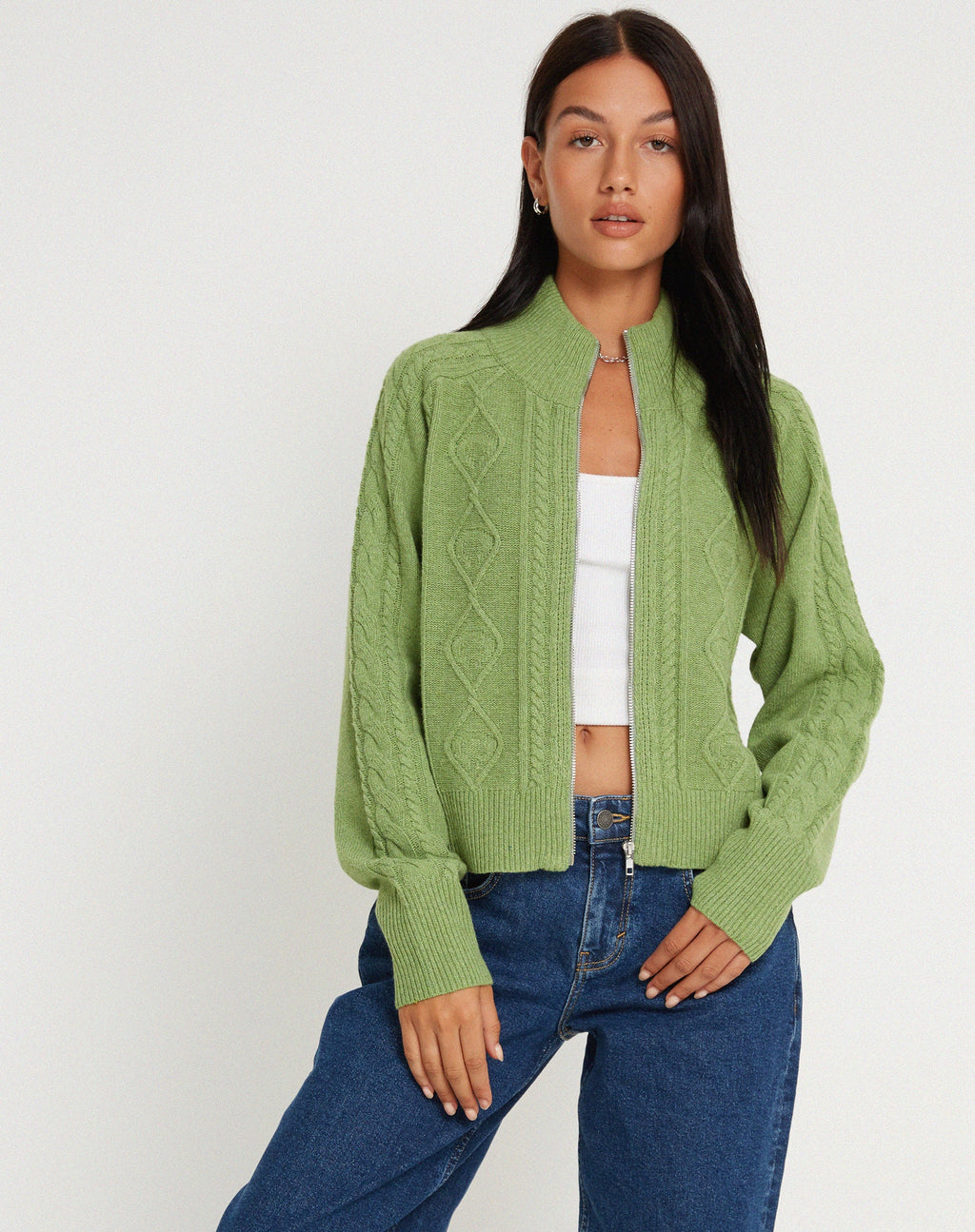 Lemila - Giacca con zip in maglia verde muschio