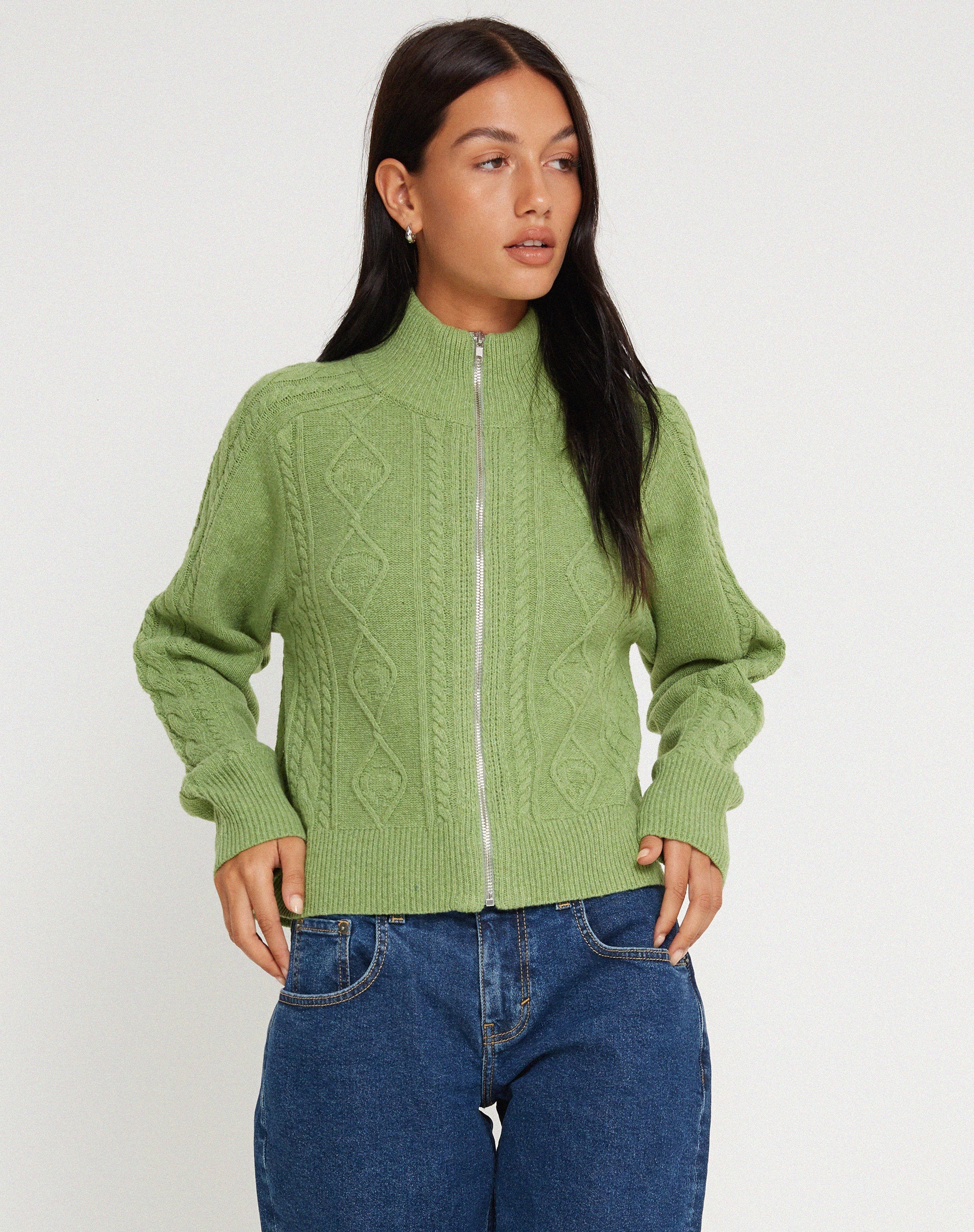 immagine di Lemila Knitted Zip Up Jacket in verde muschio