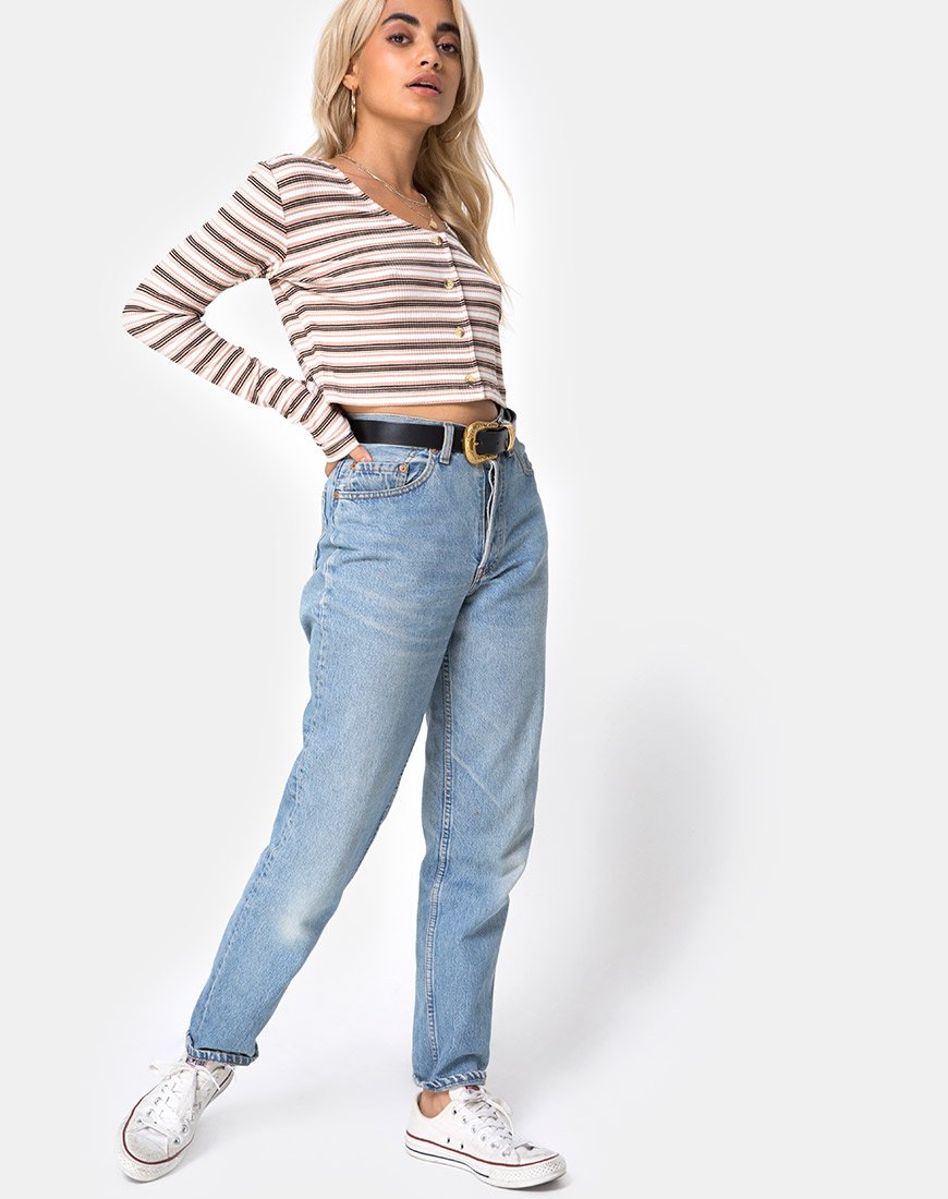 Immagine di Lesea Crop Top a righe a coste crema nero e marrone