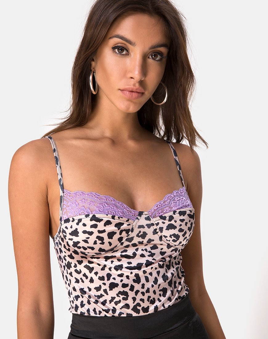 Corpetto Letta in raso animalier con pizzo lilla