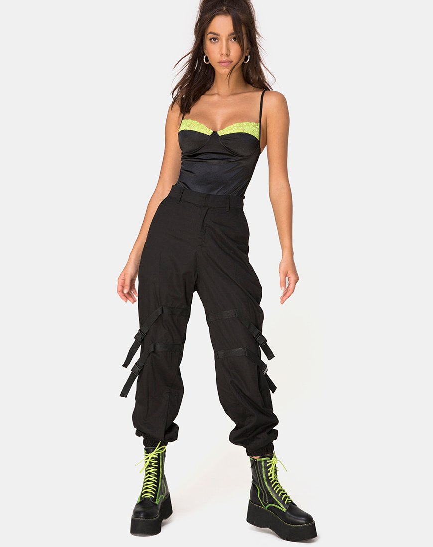 Immagine di Letta Corpetto in raso nero con bordo in pizzo lime