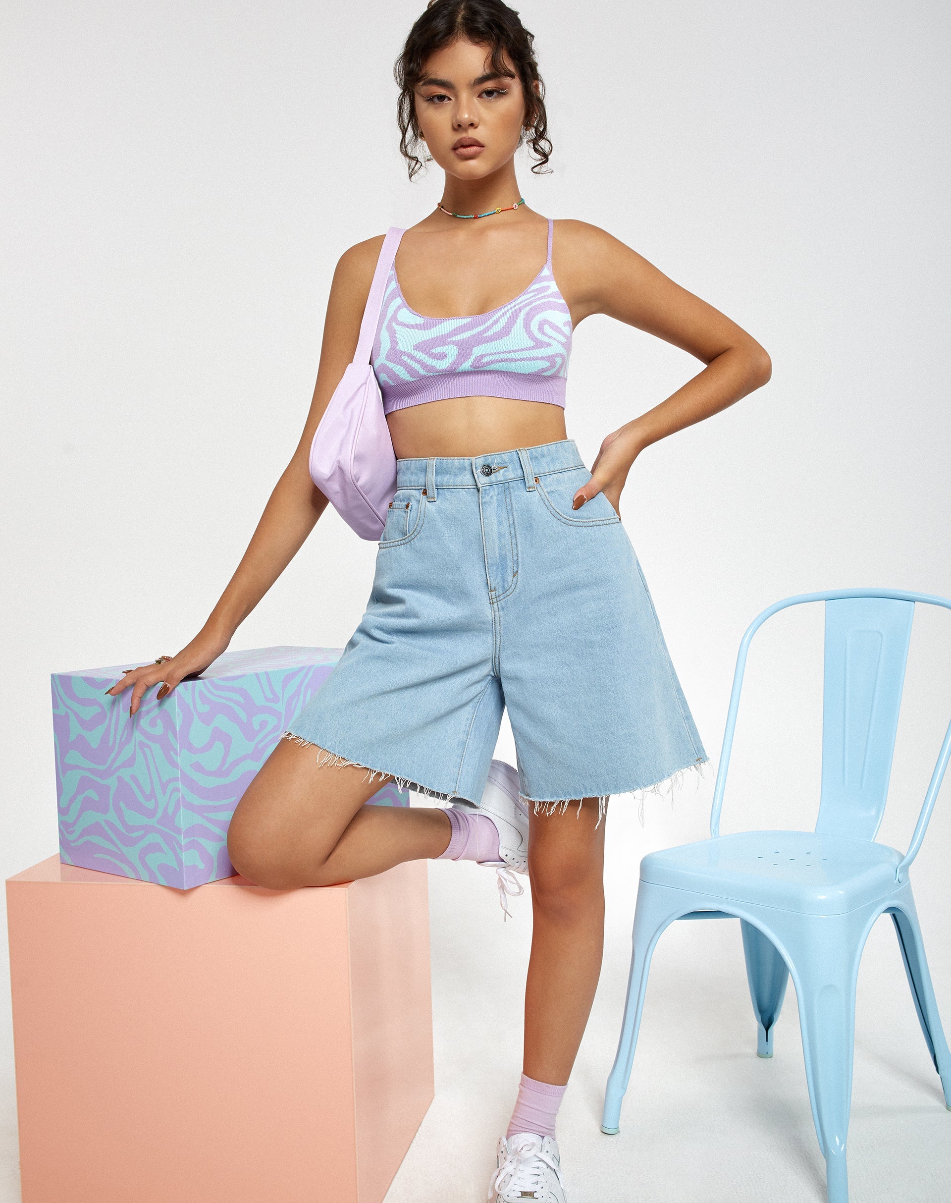 Immagine di Motel X Barbara Kristoffersen Lian Crop Top in maglia a vortici frastagliati Lavanda e menta