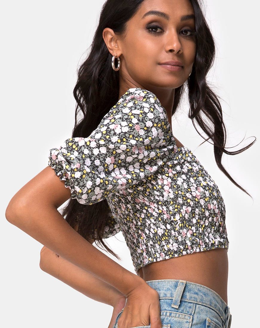 Immagine di Lilian Crop Top in campo floreale Olive