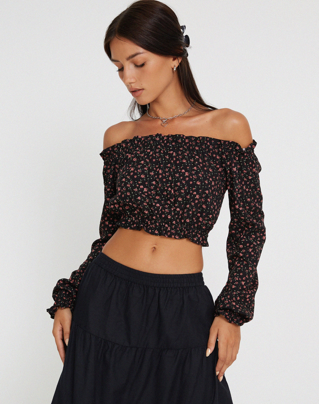 Madley - Top Bardot a manica lunga in rosa scuro nero