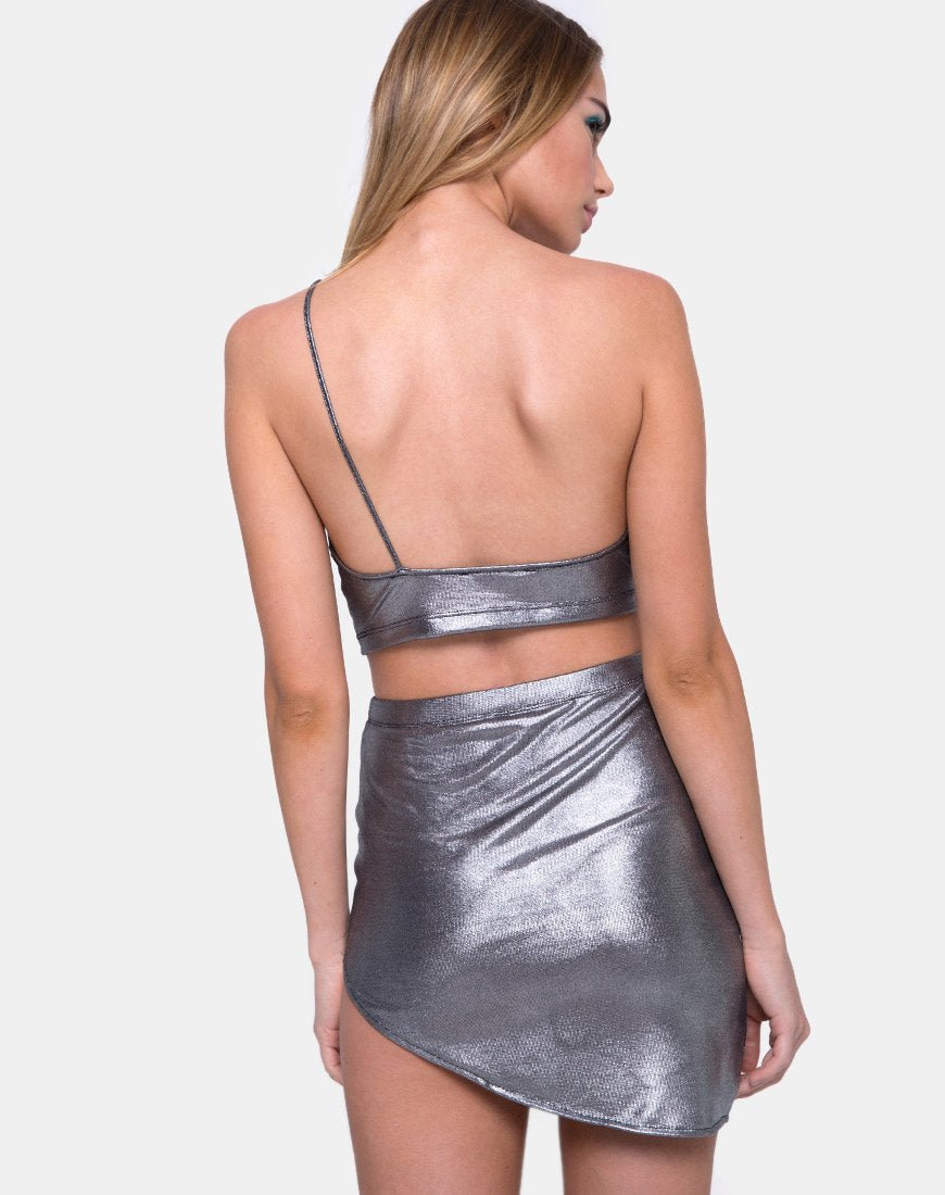 Minigonna Maxin in maglia a drappeggio metallizzata argento