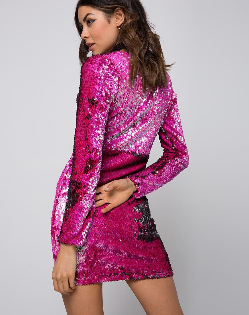 Immagine di Meli Plunge Dress in Fishcale Sequin Rosa