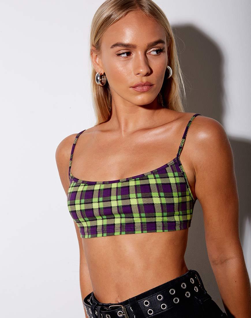 Micro Crop Top a quadri verdi e viola