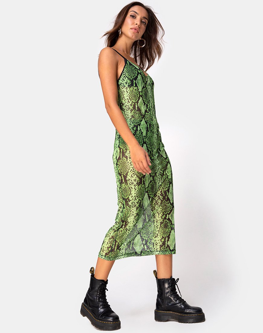 Midnight Midi Dress in maglia serpente Slime Lime