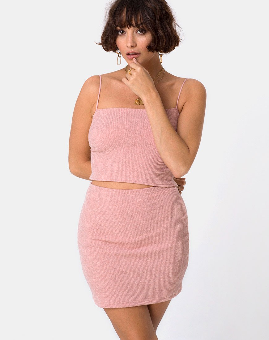 Moeena - Top a collo alto in maglia a costine rosa