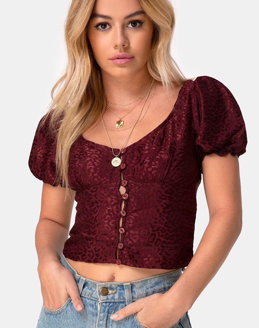 Top Monda in raso ghepardo bordeaux