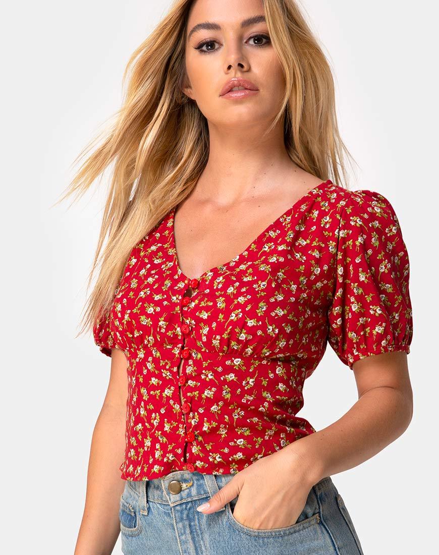 Top Moria in rosso floreale Falling For You