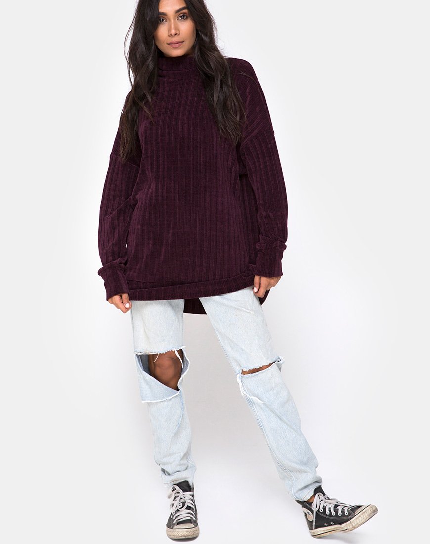 Immagine di Neve, abito a maglione oversize in ciniglia color prugna